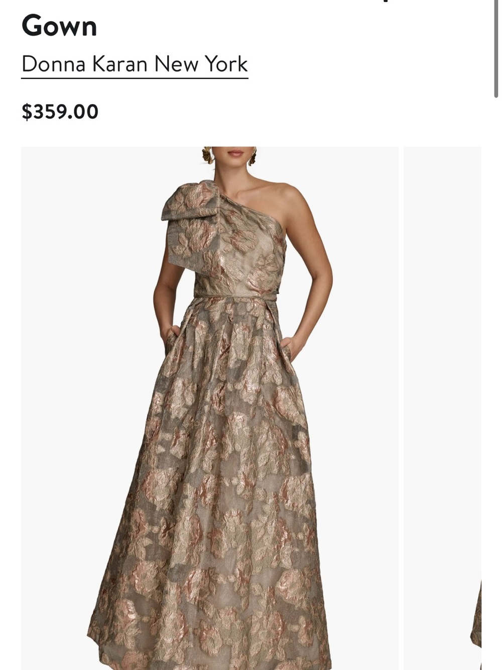 Donna Karan One-Shoulder Floral Jacquard Gown in Beige and Rose Gold